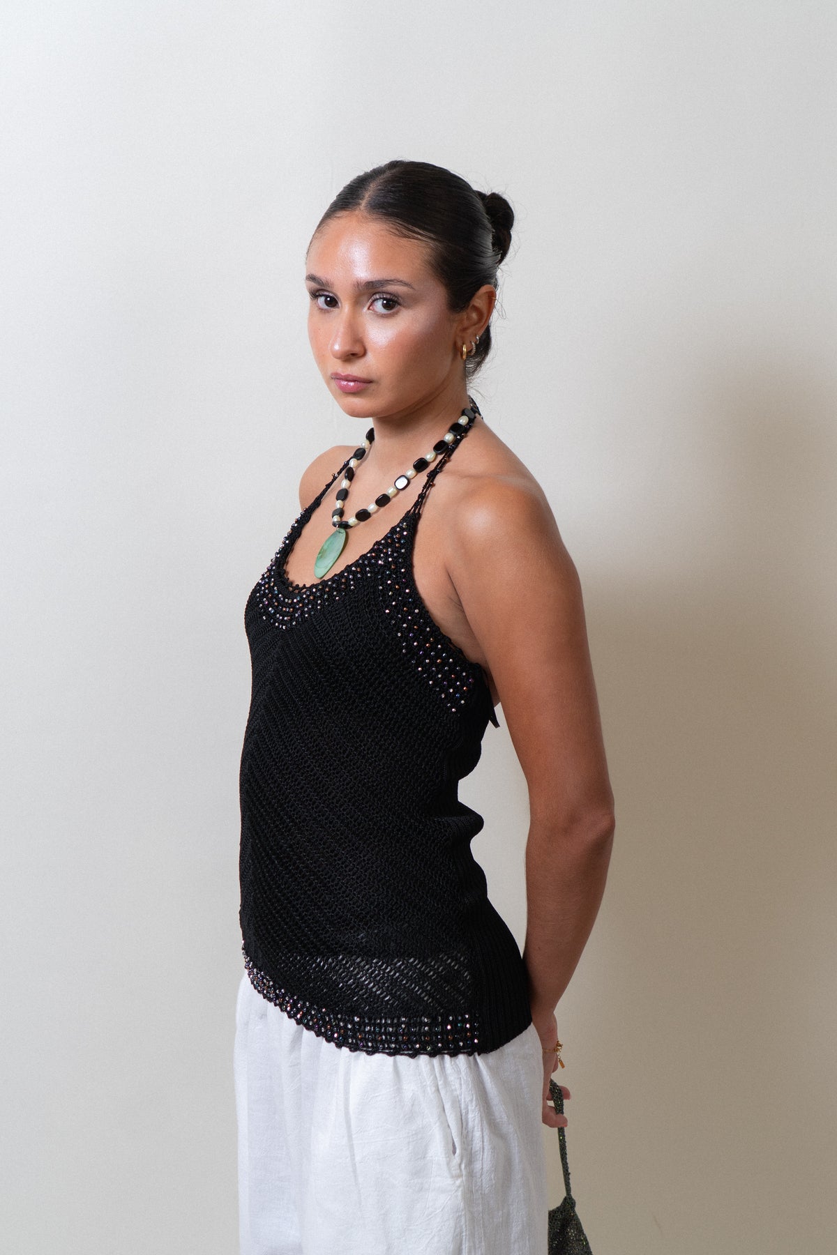 Y2K Black Crochet Beaded Halter Top