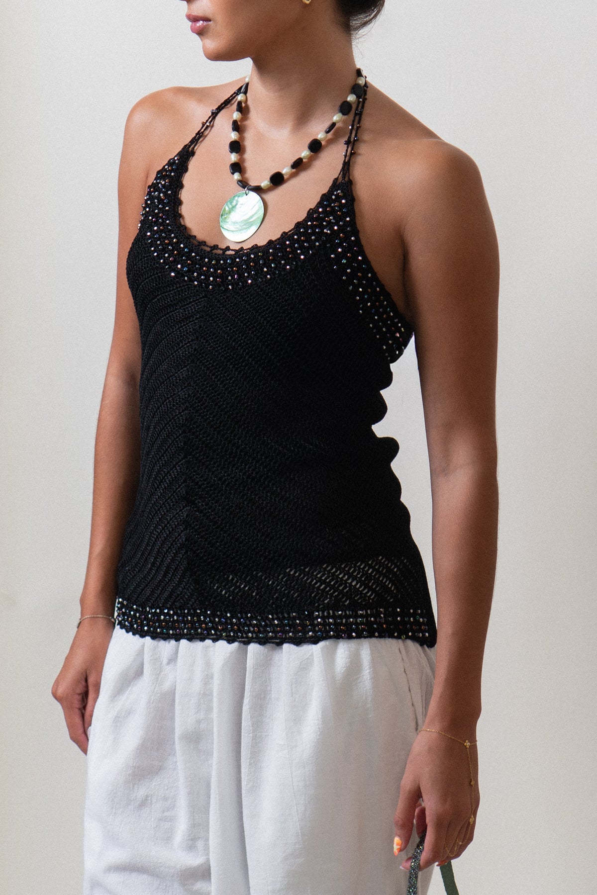 Y2K Black Crochet Beaded Halter Top