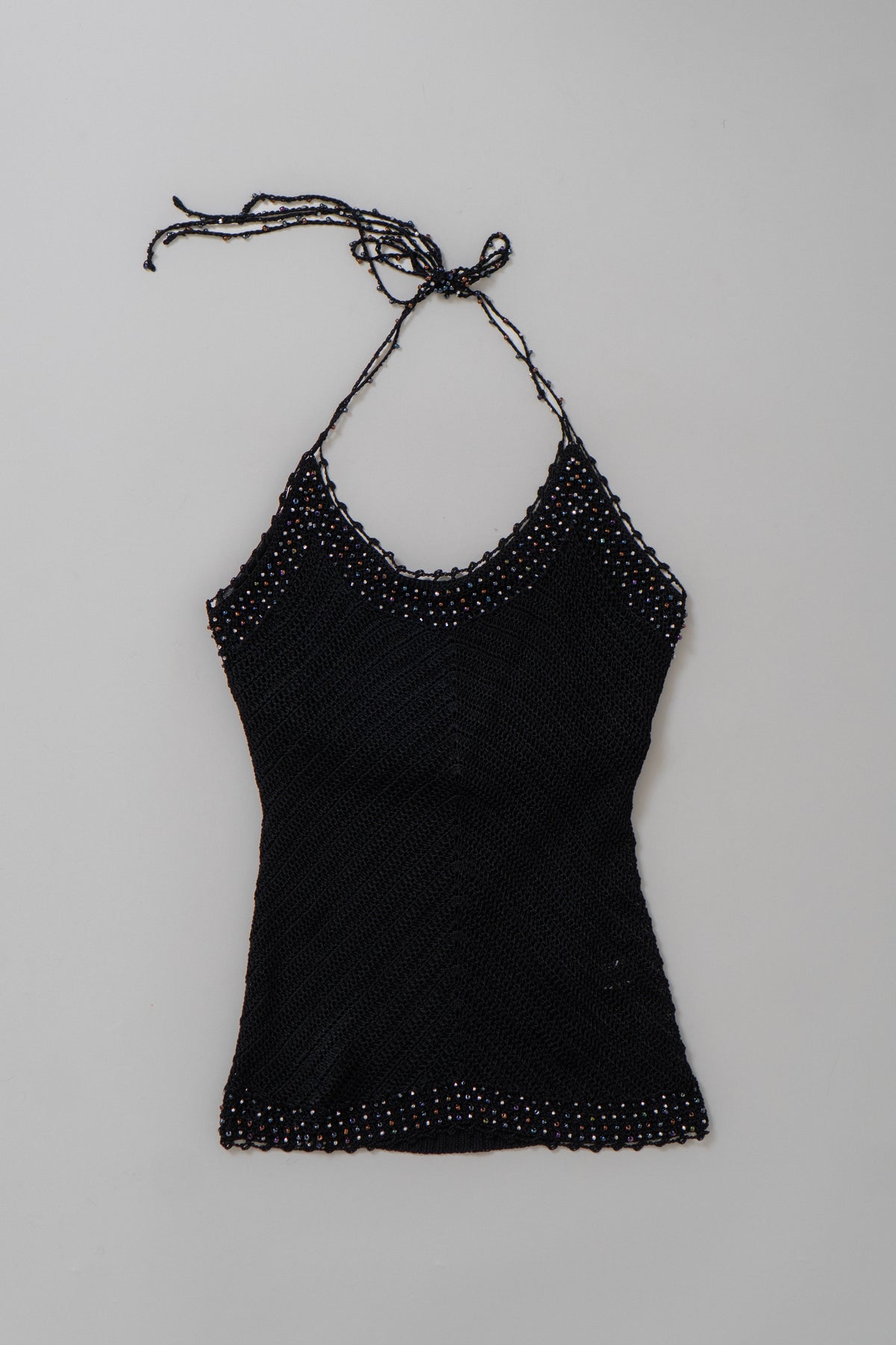 Y2K Black Crochet Beaded Halter Top