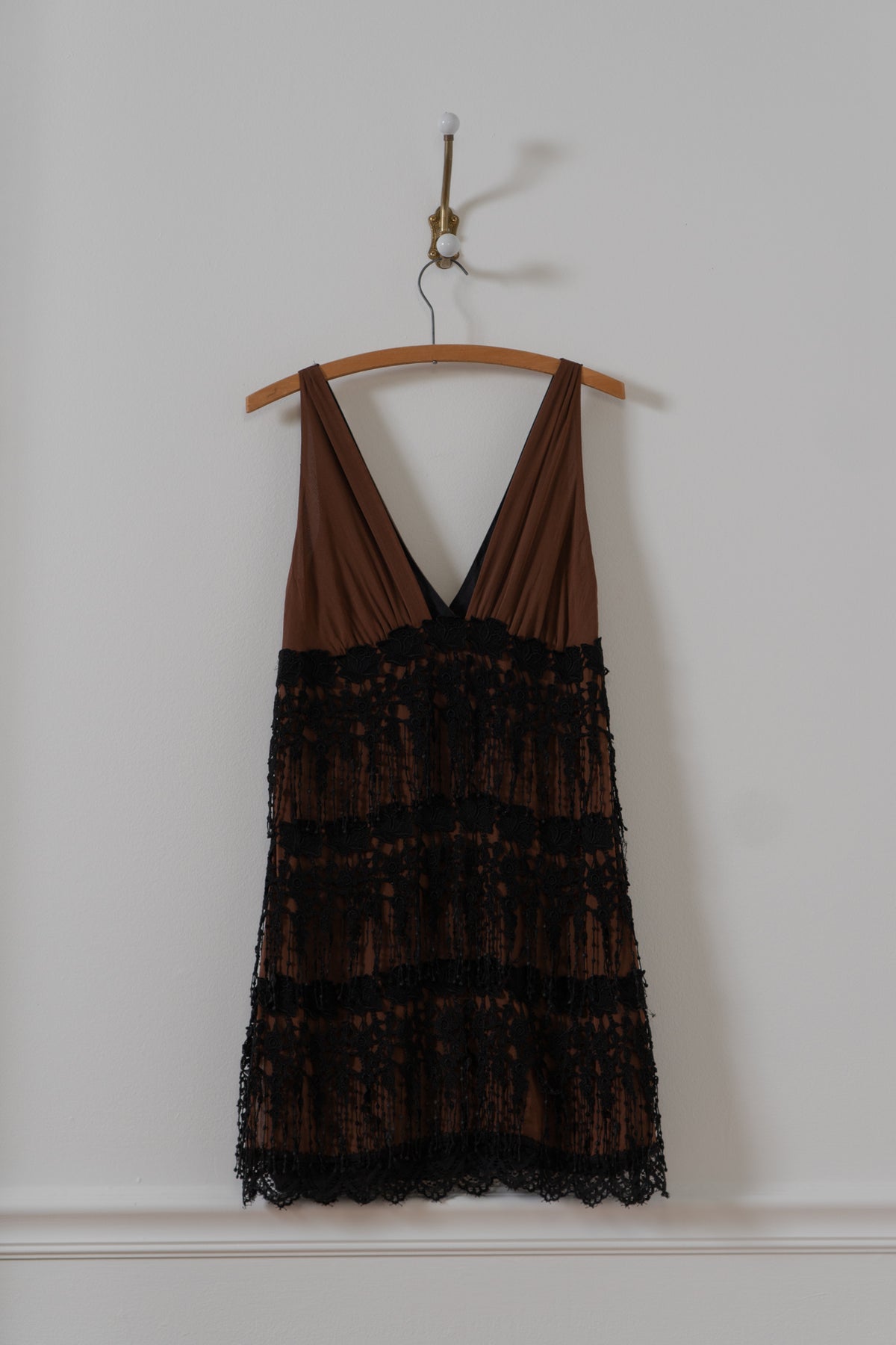 Y2K Brown Silk & Lace Dress