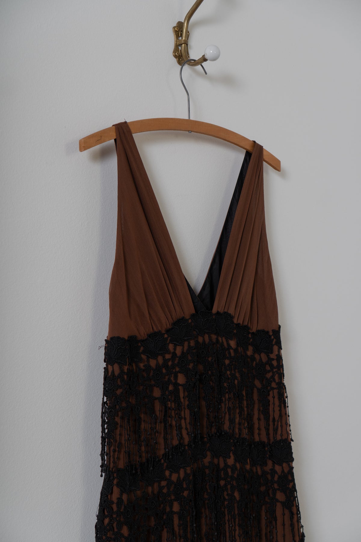 Y2K Brown Silk & Lace Dress