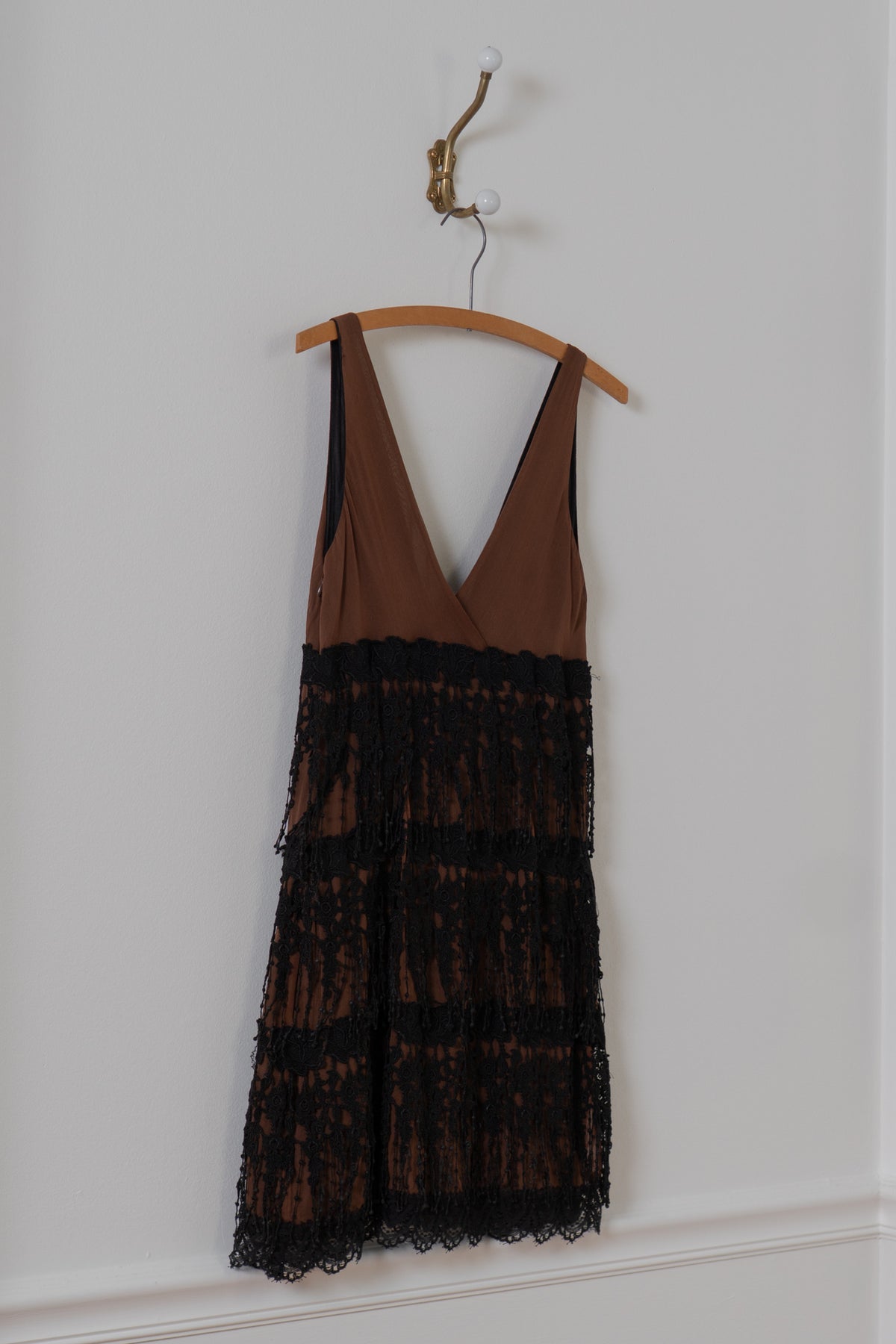Y2K Brown Silk & Lace Dress