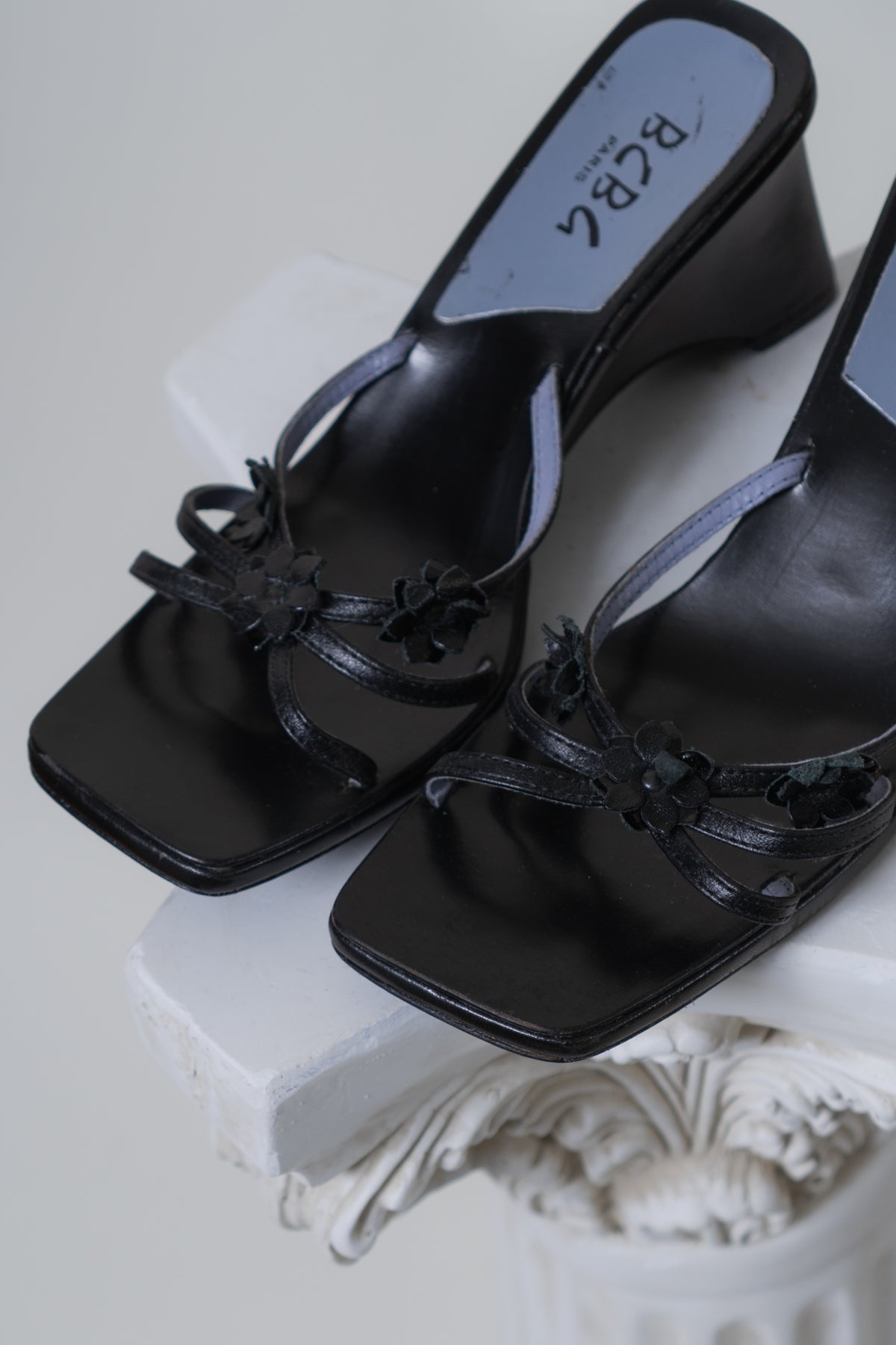 Vintage Black Floral Leather Wedges