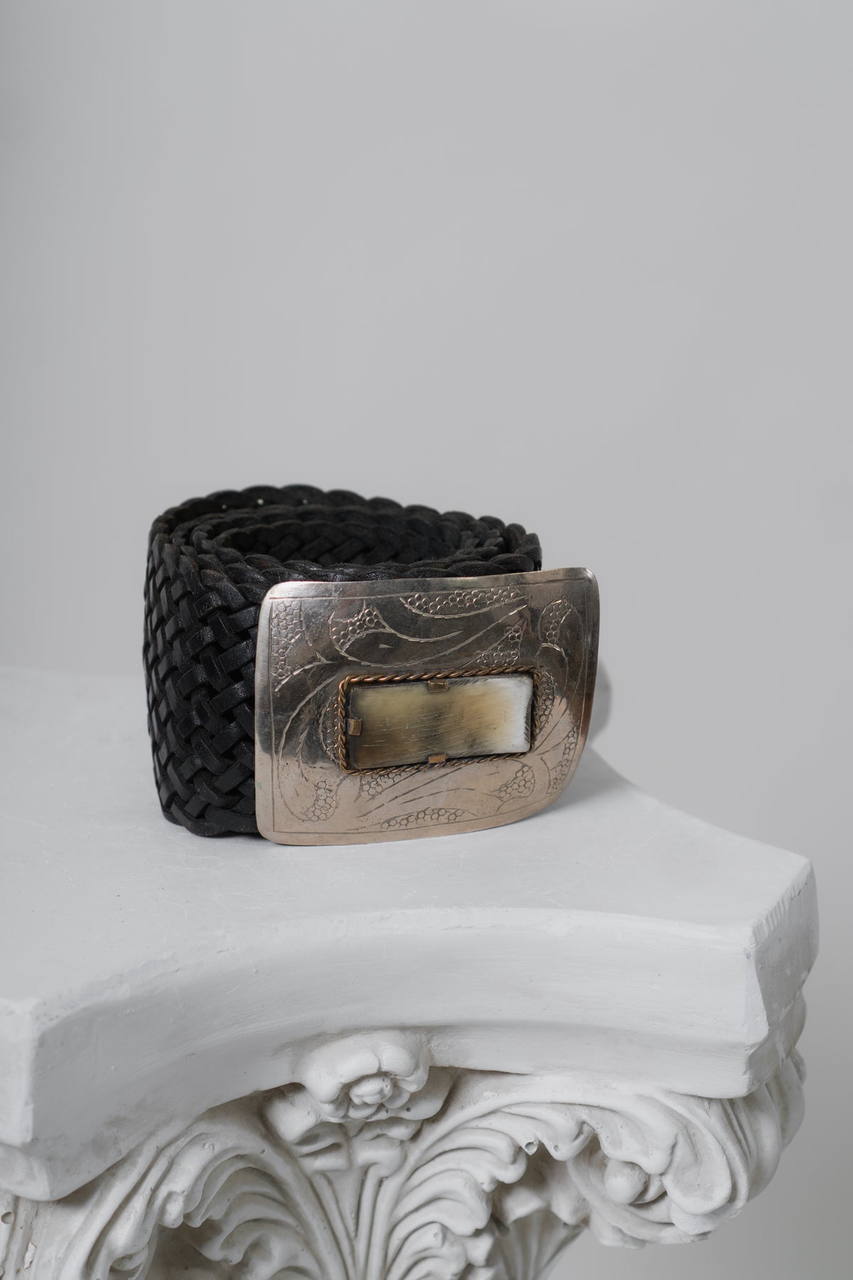Vintage Silver Horn Black Braided Western Belt