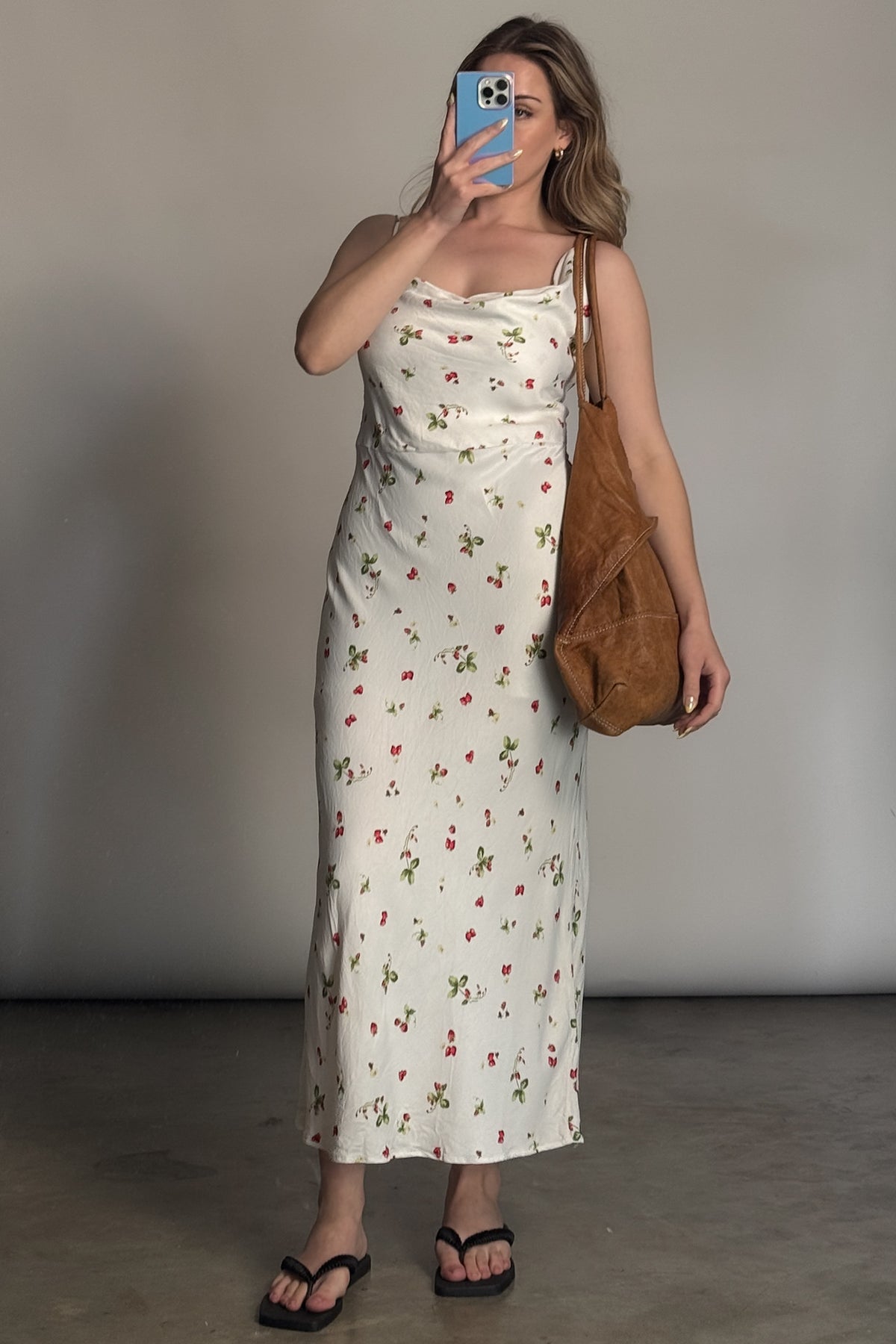 Strawberry Print Asymmetric Midi Dress