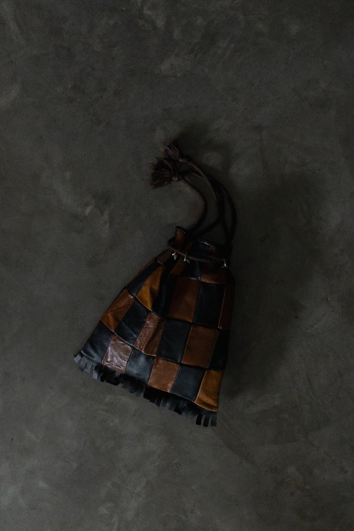 Vintage Spanish Checkered Leather Drawstring Bag