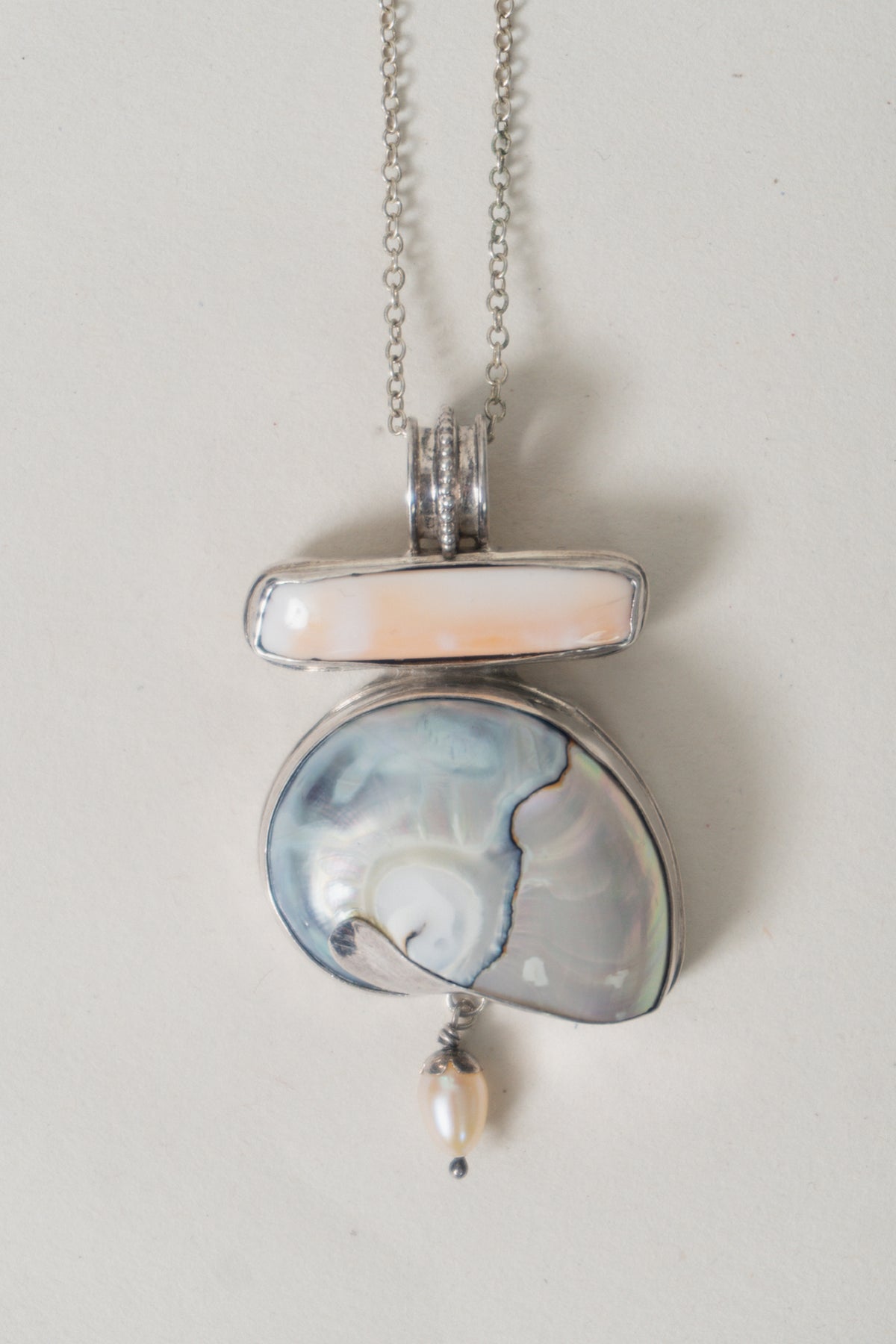 Vintage Nautilus Sterling Silver Inlay Pendant Necklace