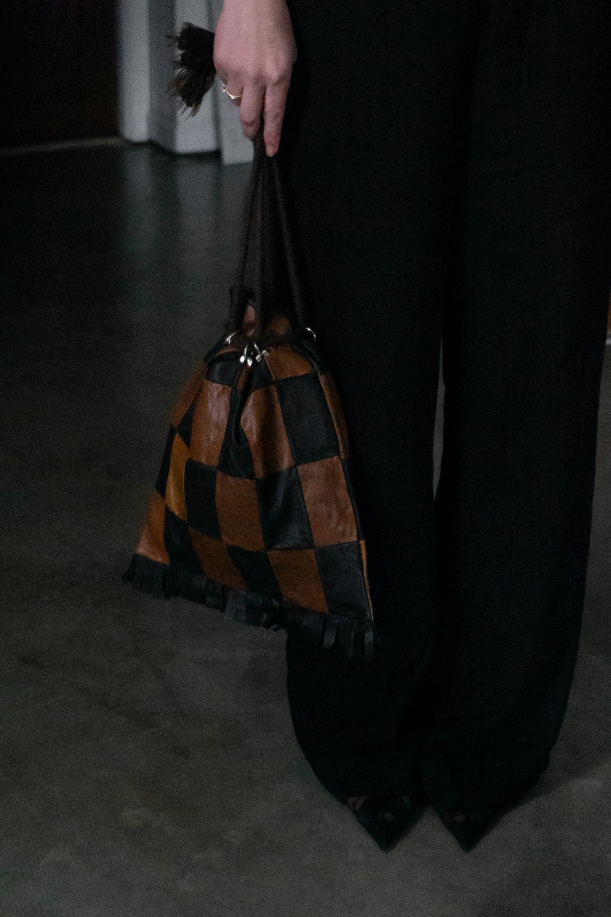 Vintage Spanish Checkered Leather Drawstring Bag