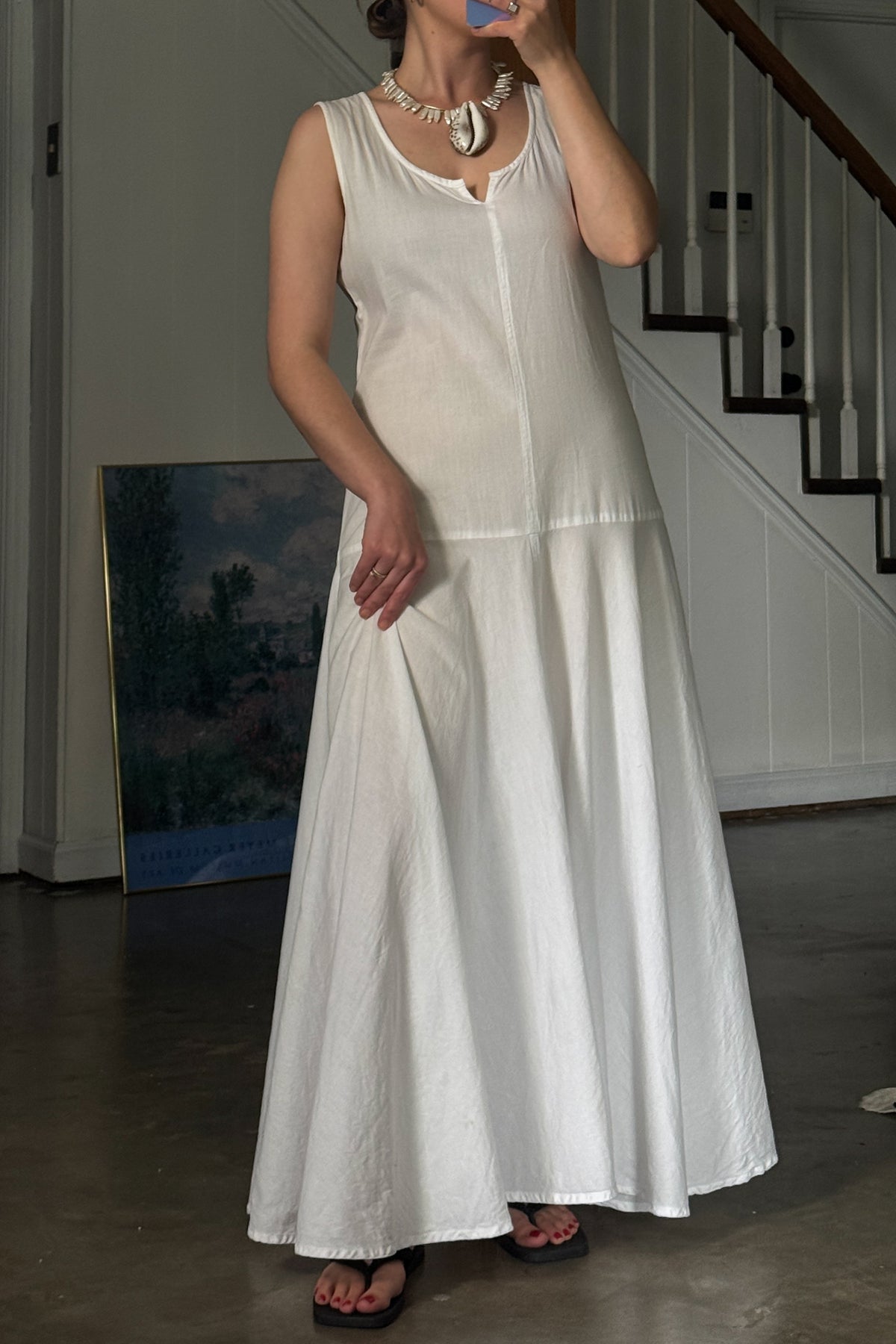 Vintage White Cotton Drop Waist Maxi Dress