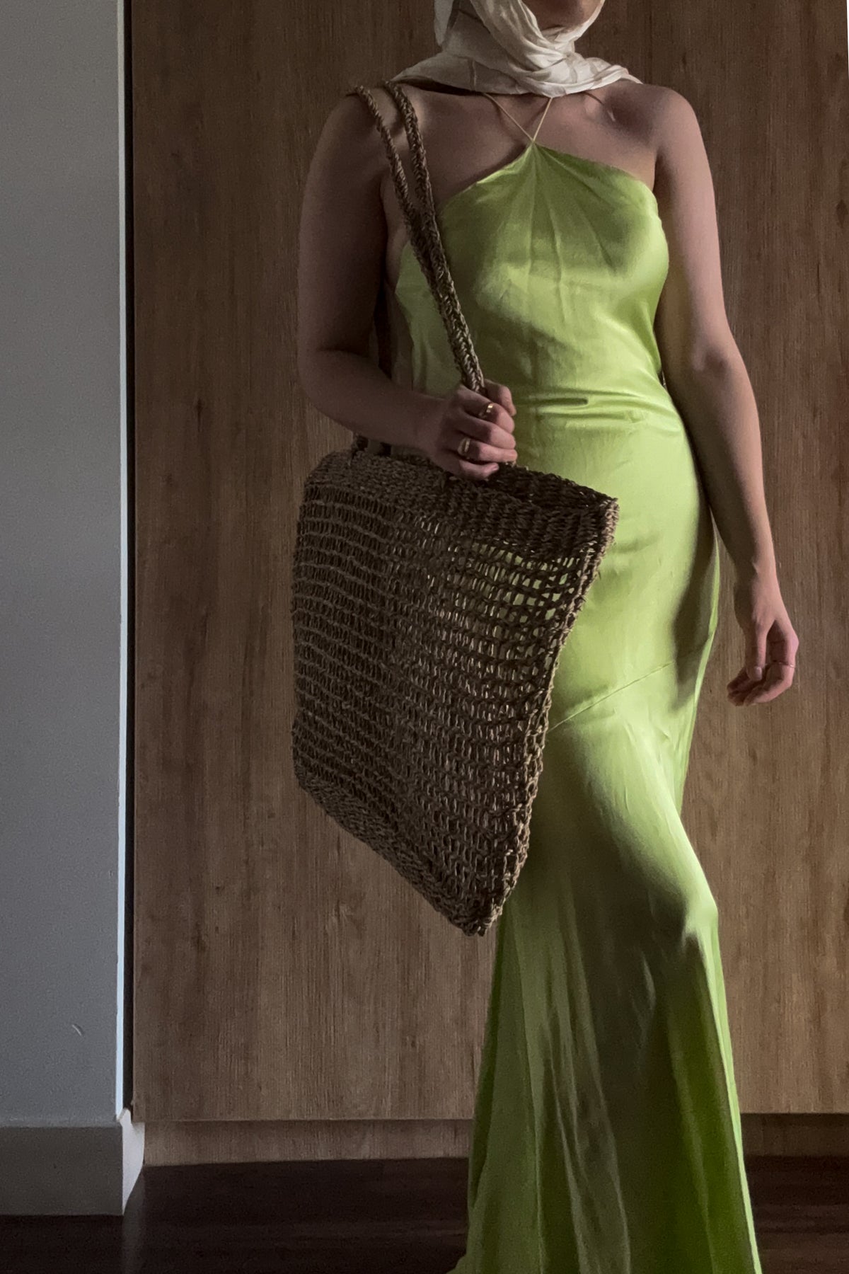 Lime Satin Halter Dress