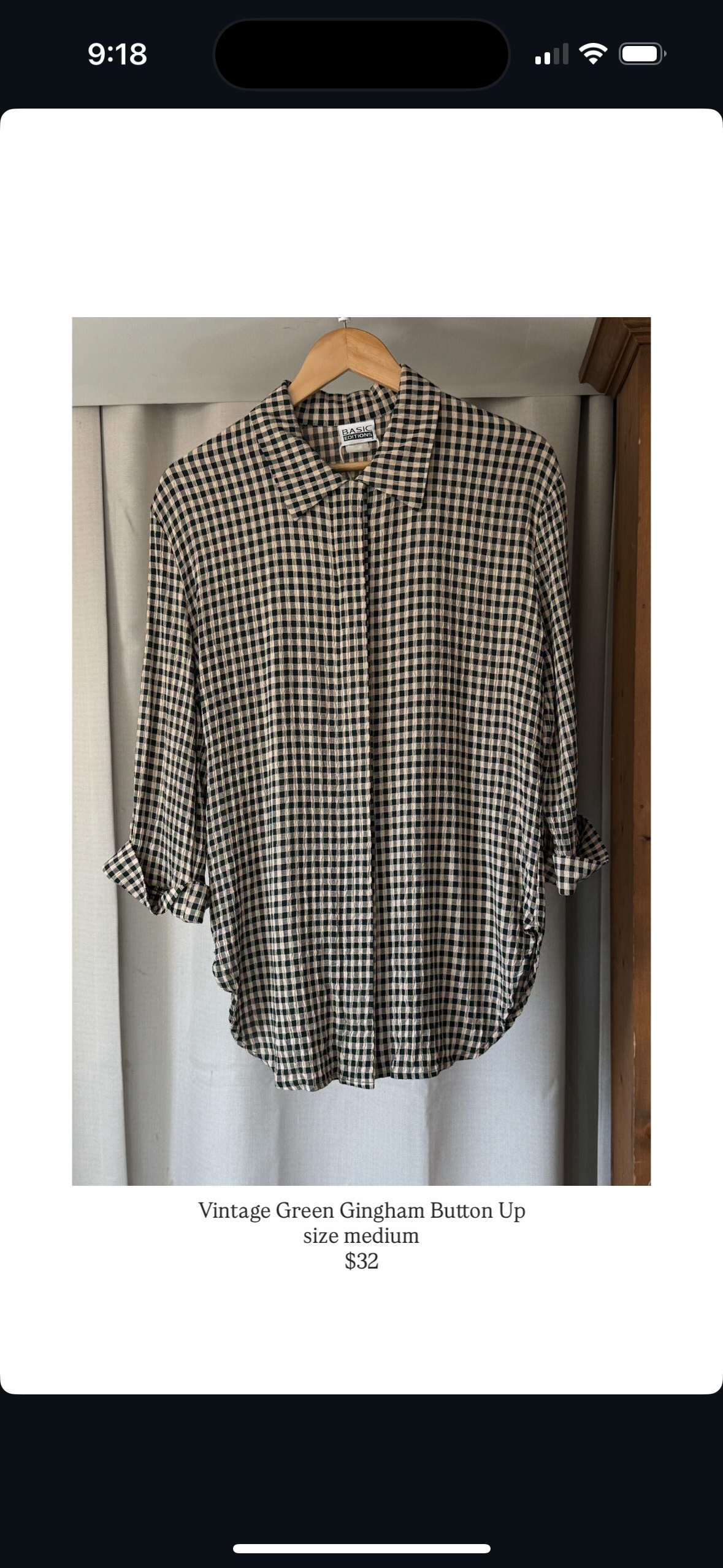 Vintage Green Gingham Button Up