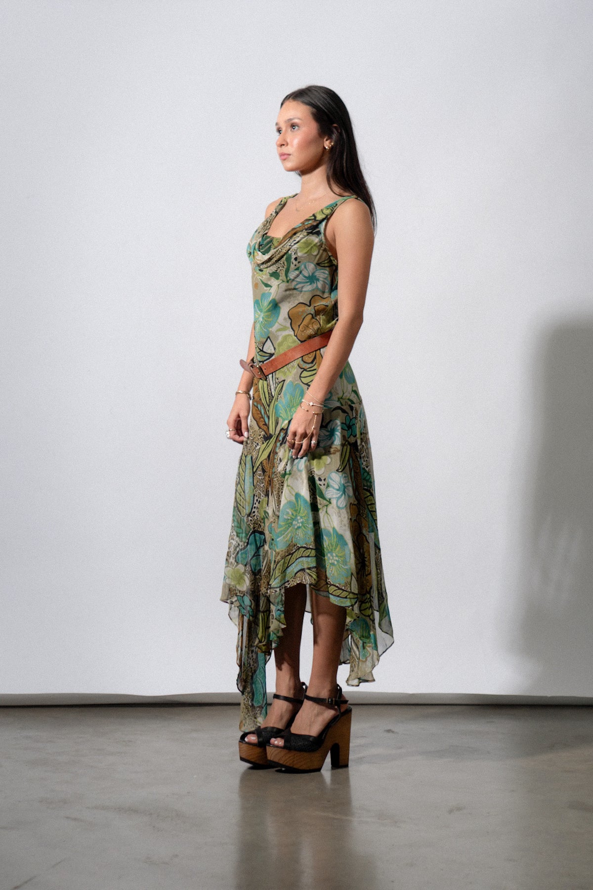 Y2K Floral Chiffon Green Dress