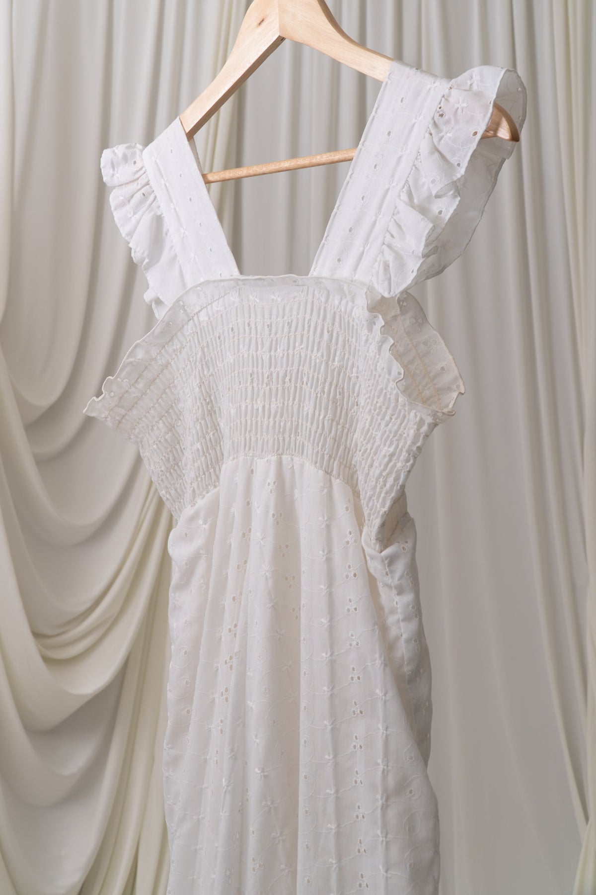 Vintage 70s White Eyelet Smocked Maxi Dress