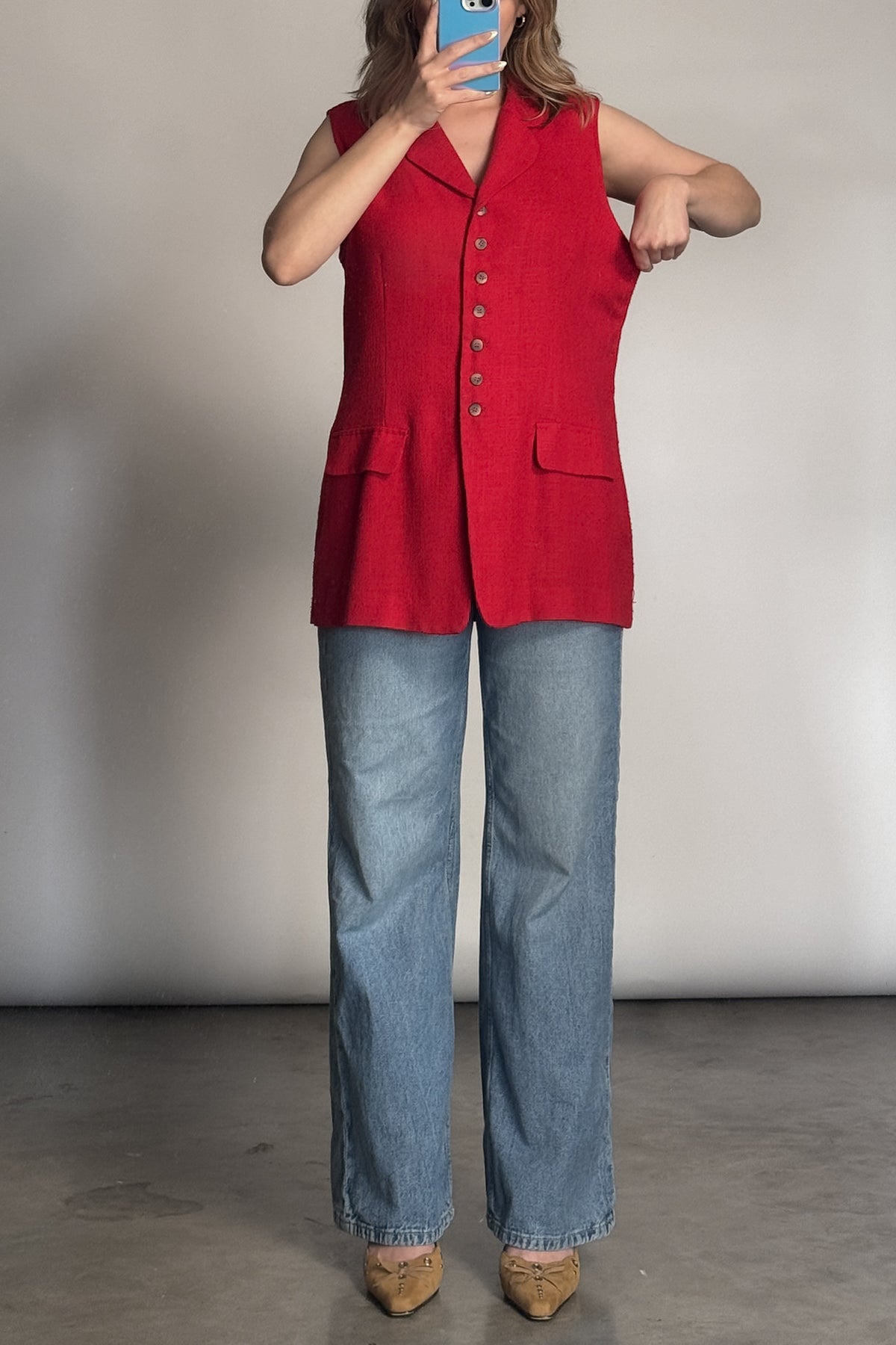 VTG Cherry Red Linen Blend Long Vest