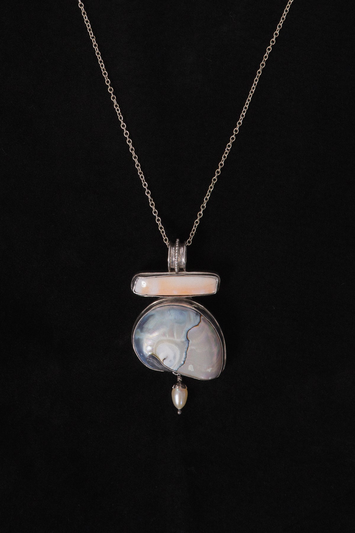 Vintage Nautilus Sterling Silver Inlay Pendant Necklace