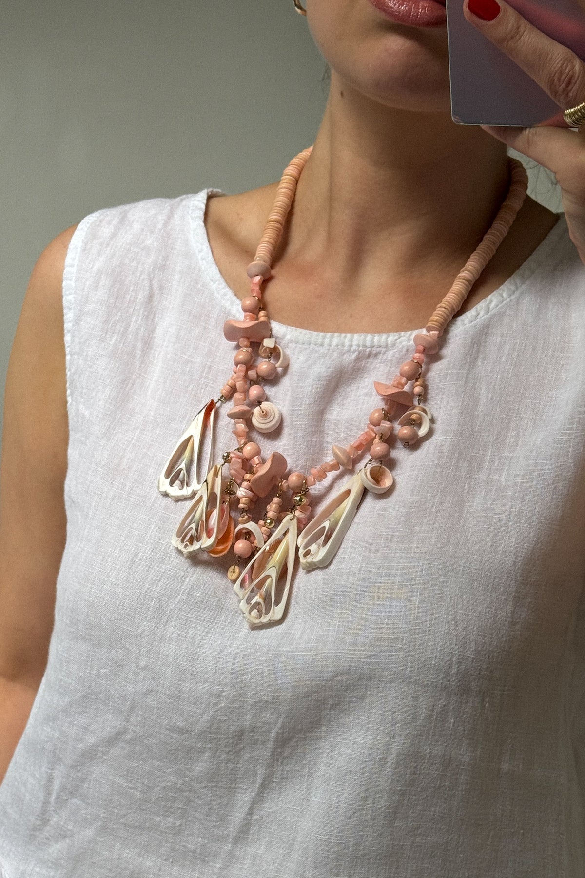 Vintage Mixed Wood & Shell Statement Necklace