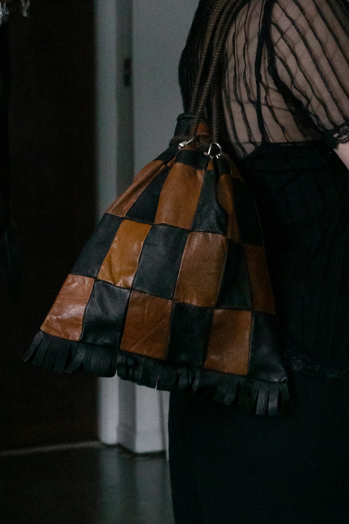 Vintage Spanish Checkered Leather Drawstring Bag