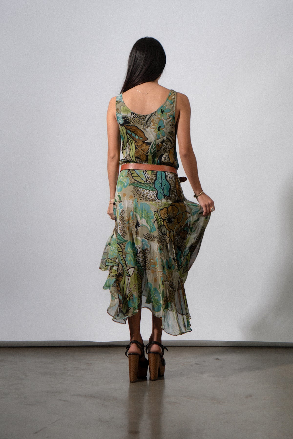 Y2K Floral Chiffon Green Dress