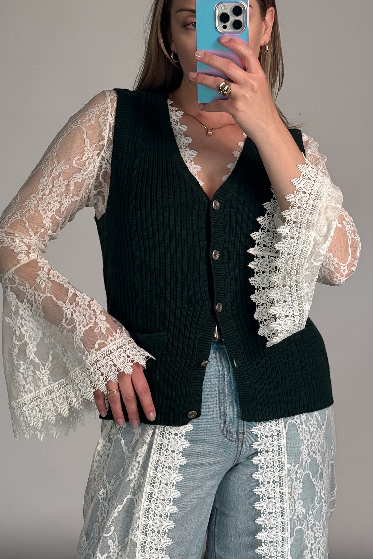 Cream Lace Bell Sleeve Duster