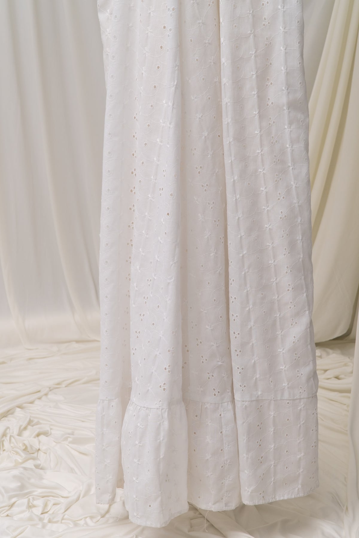 Vintage 70s White Eyelet Smocked Maxi Dress