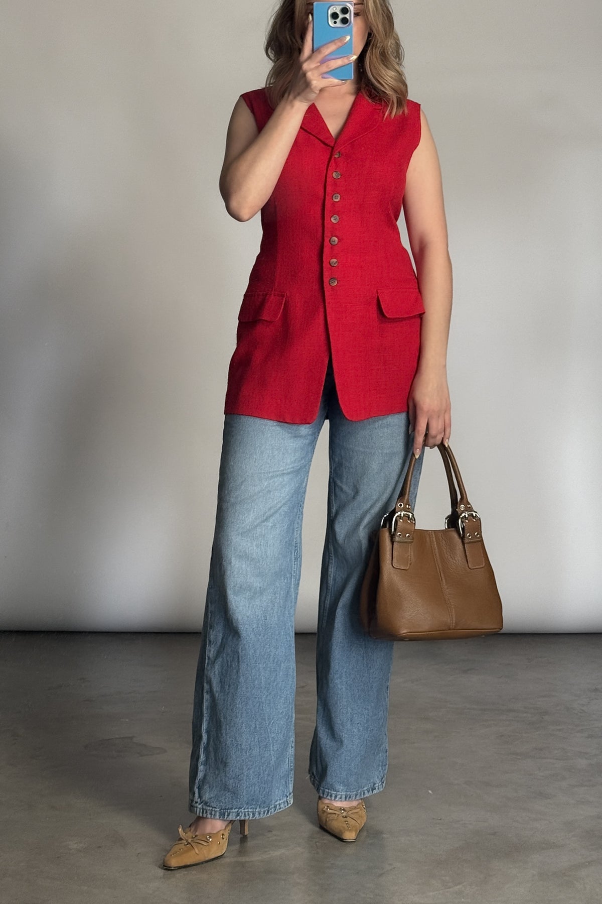 VTG Cherry Red Linen Blend Long Vest