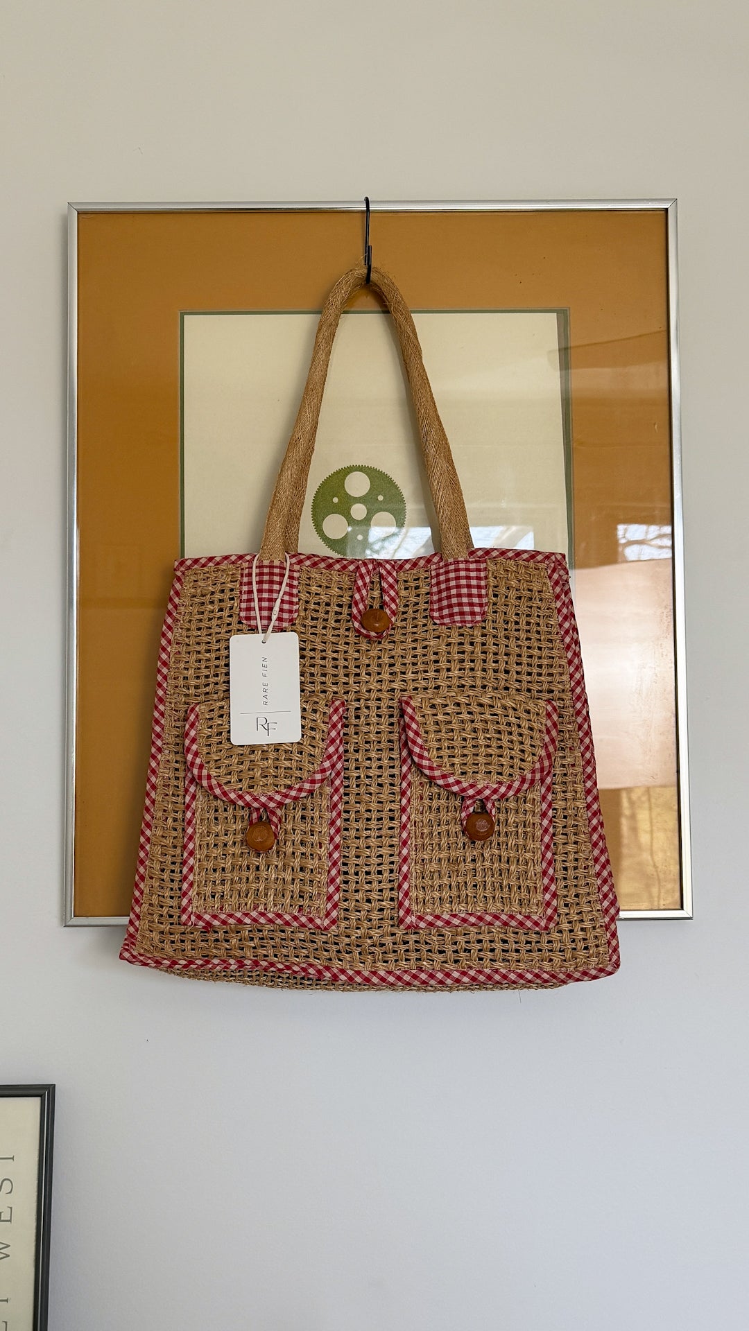 Vintage Red Gingham Straw Bag