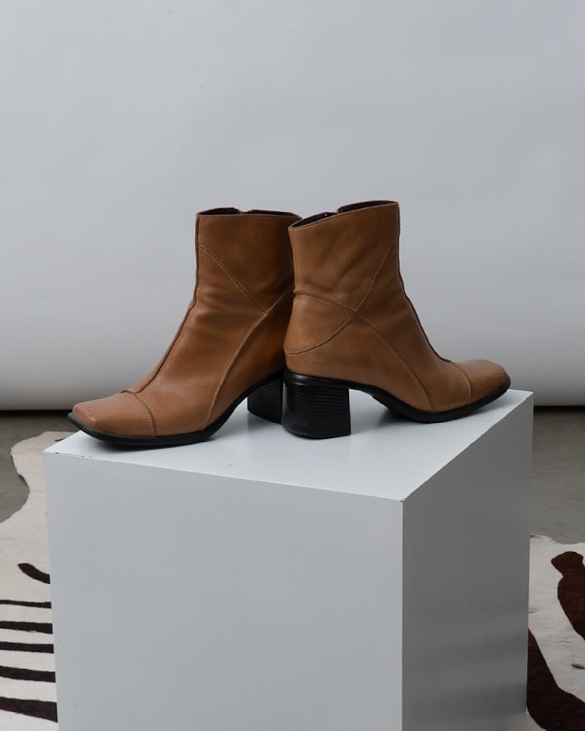 Tan 100% Leather Square Toe Booties, Size 9.5