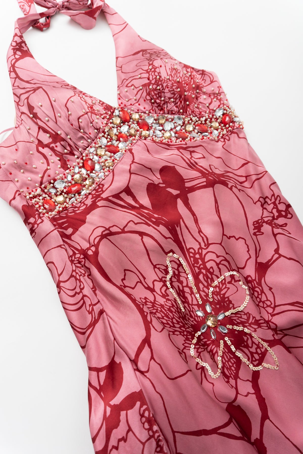 Y2K 100% Silk Floral Halter Gown