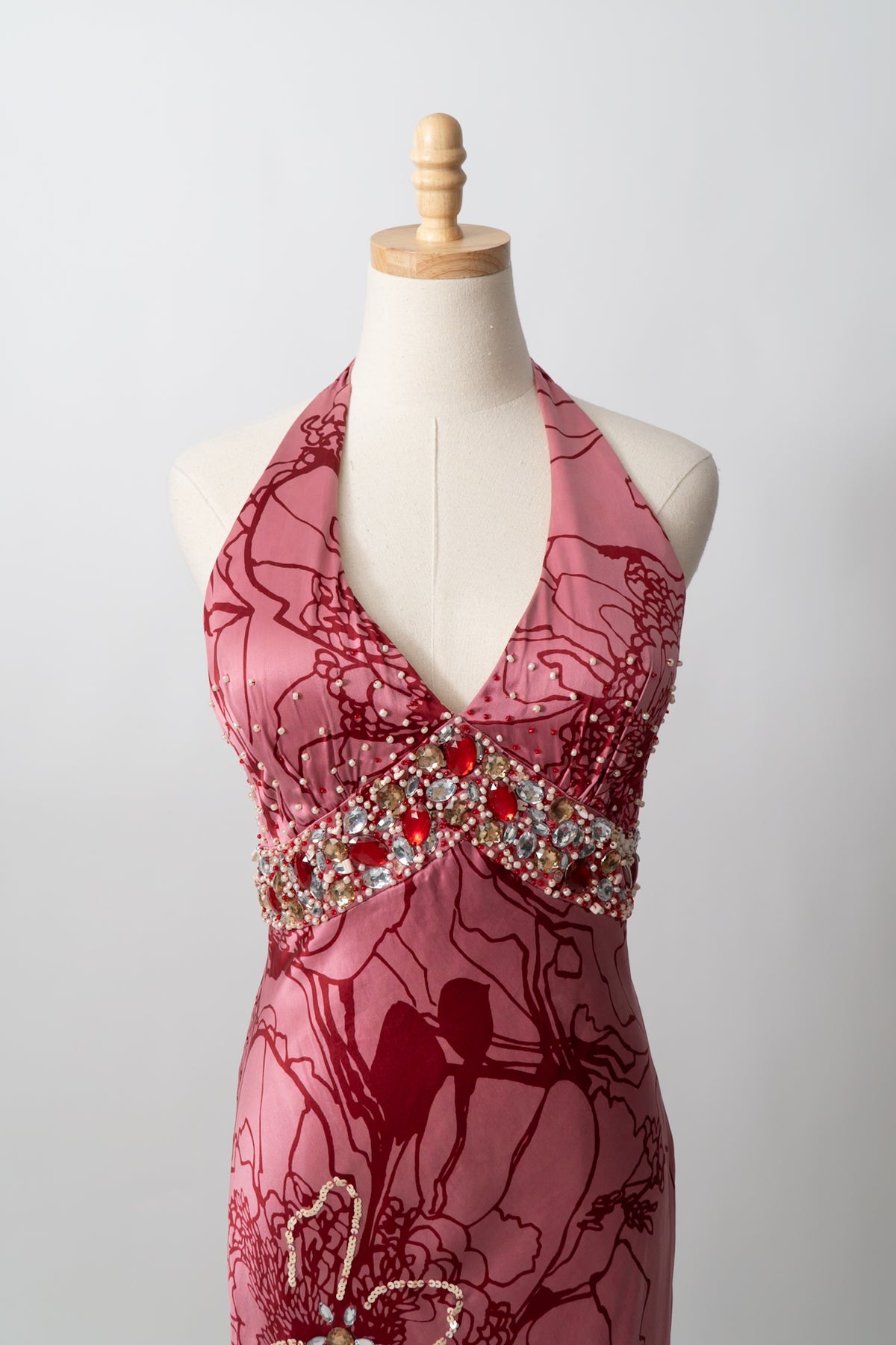 Y2K 100% Silk Floral Halter Gown