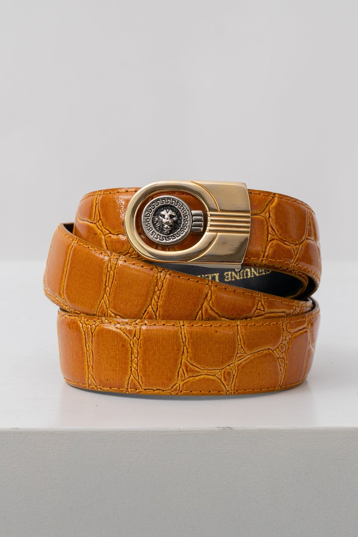 Vintage Lions Head Croc Embossed Belt, 34.75 to 39"