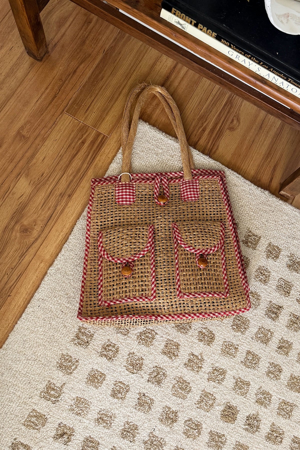 Vintage Red Gingham Straw Bag