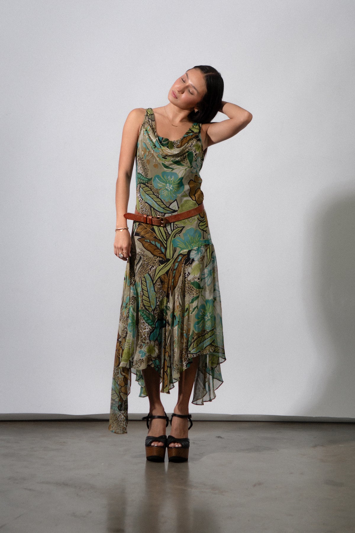 Y2K Floral Chiffon Green Dress