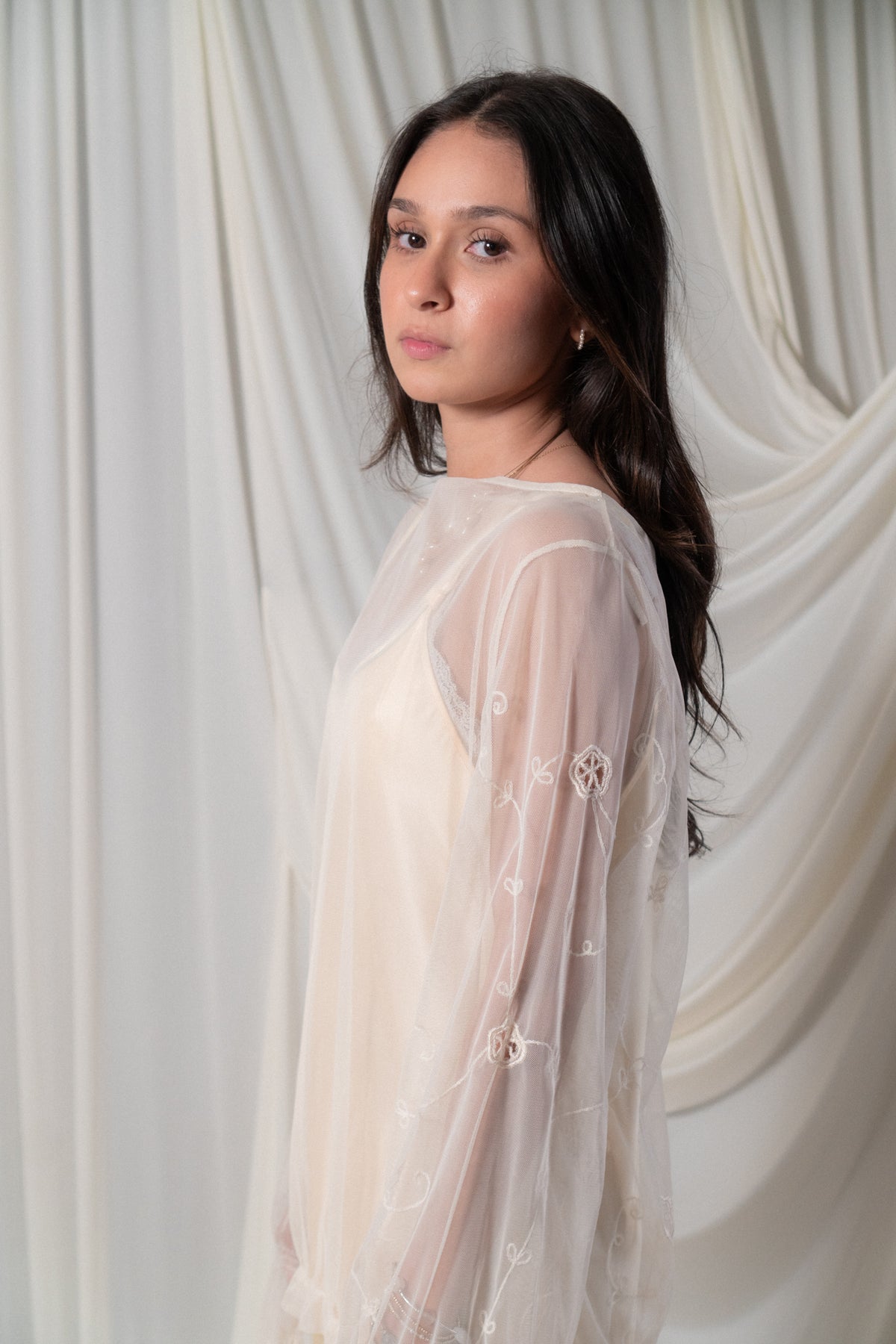 Sheer Embroidered Cream Blouse