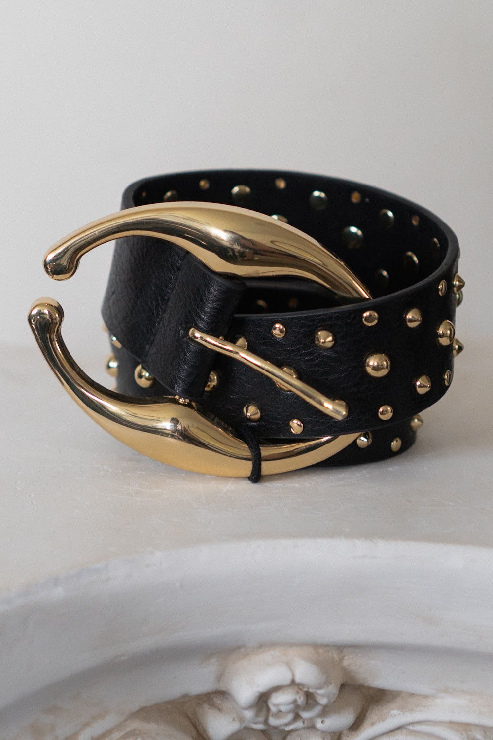 Vintage Black Leather Gold Studded Belt
