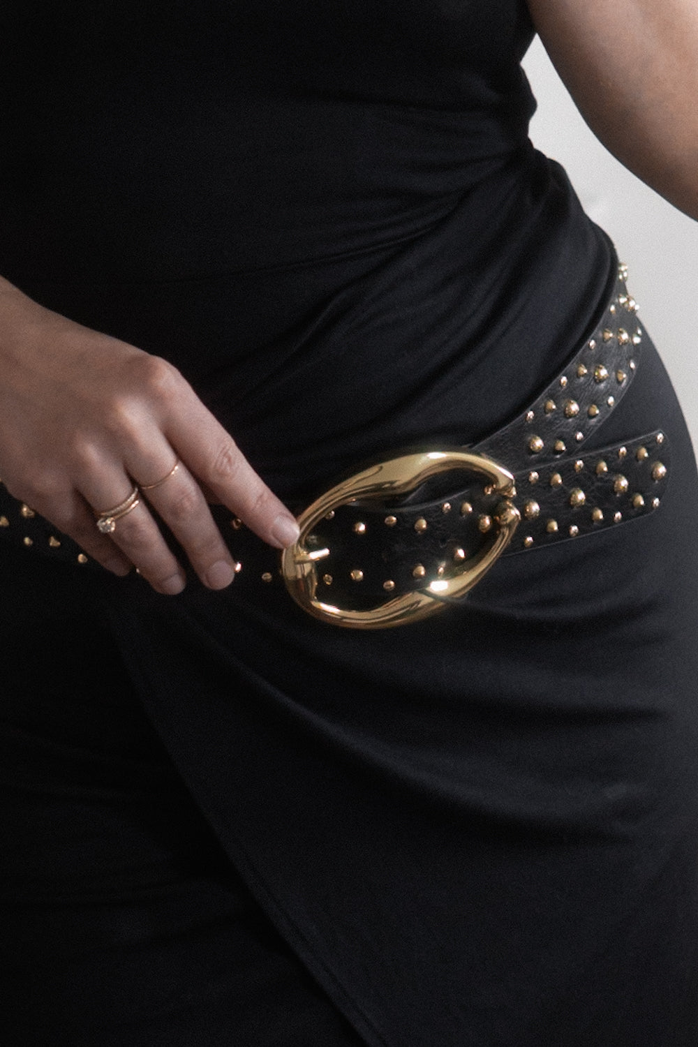Vintage Black Leather Gold Studded Belt