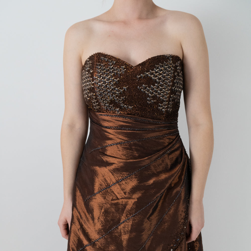 Y2K Brown Iridescent Strapless Beaded Gown
