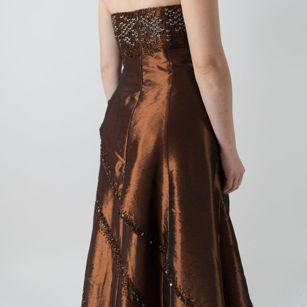 Y2K Brown Iridescent Strapless Beaded Gown