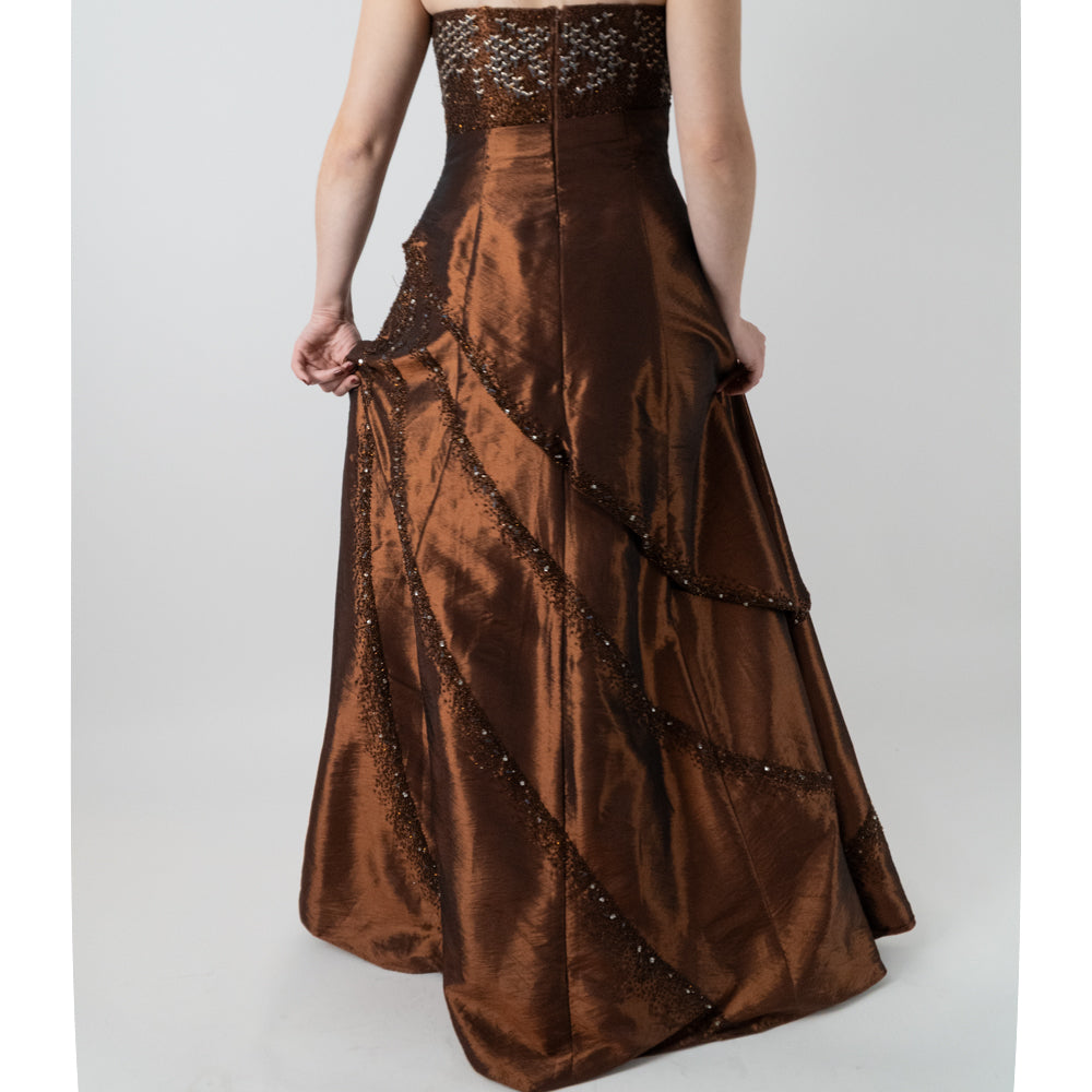 Y2K Brown Iridescent Strapless Beaded Gown