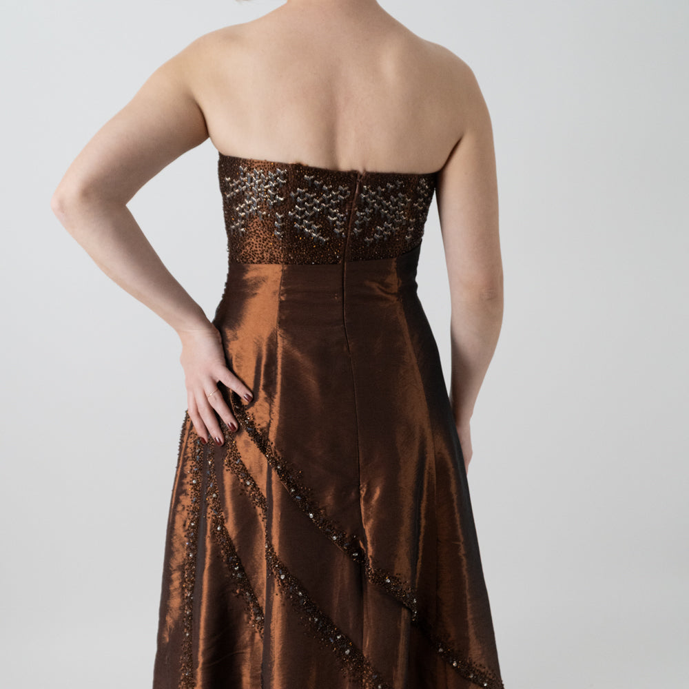 Y2K Brown Iridescent Strapless Beaded Gown