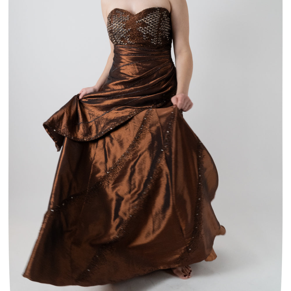 Y2K Brown Iridescent Strapless Beaded Gown