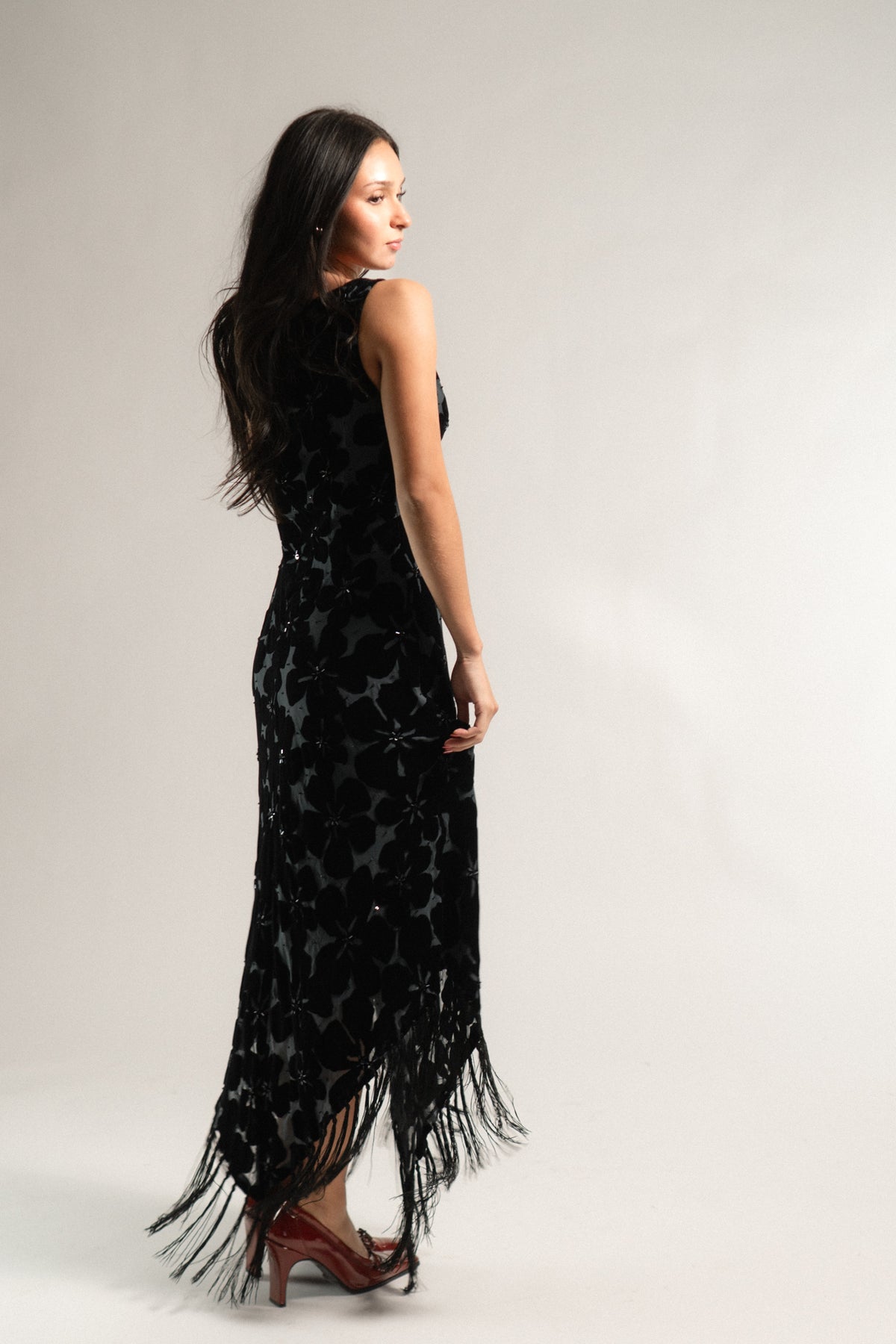 Vintage Silk Blend Velvet Fringe Dress