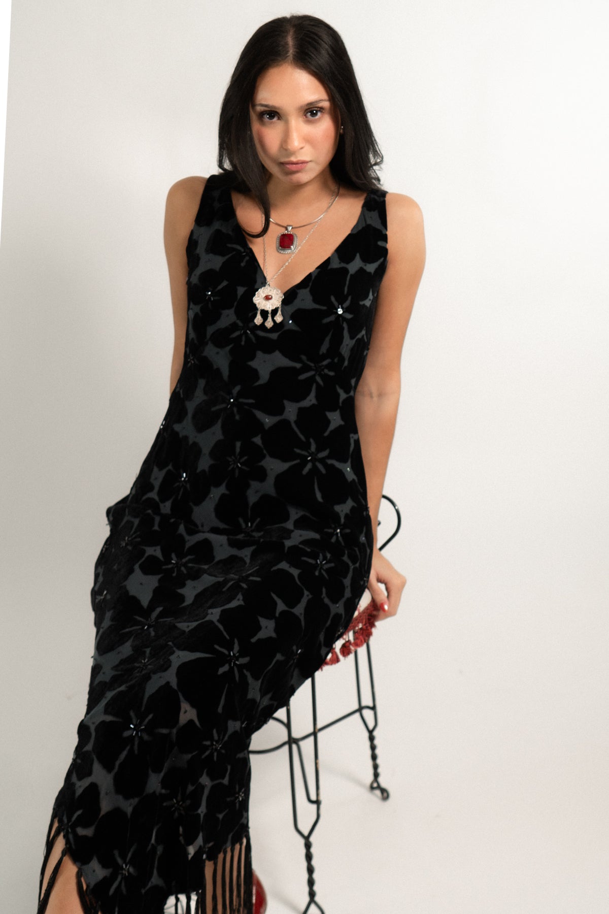 Vintage Silk Blend Velvet Fringe Dress