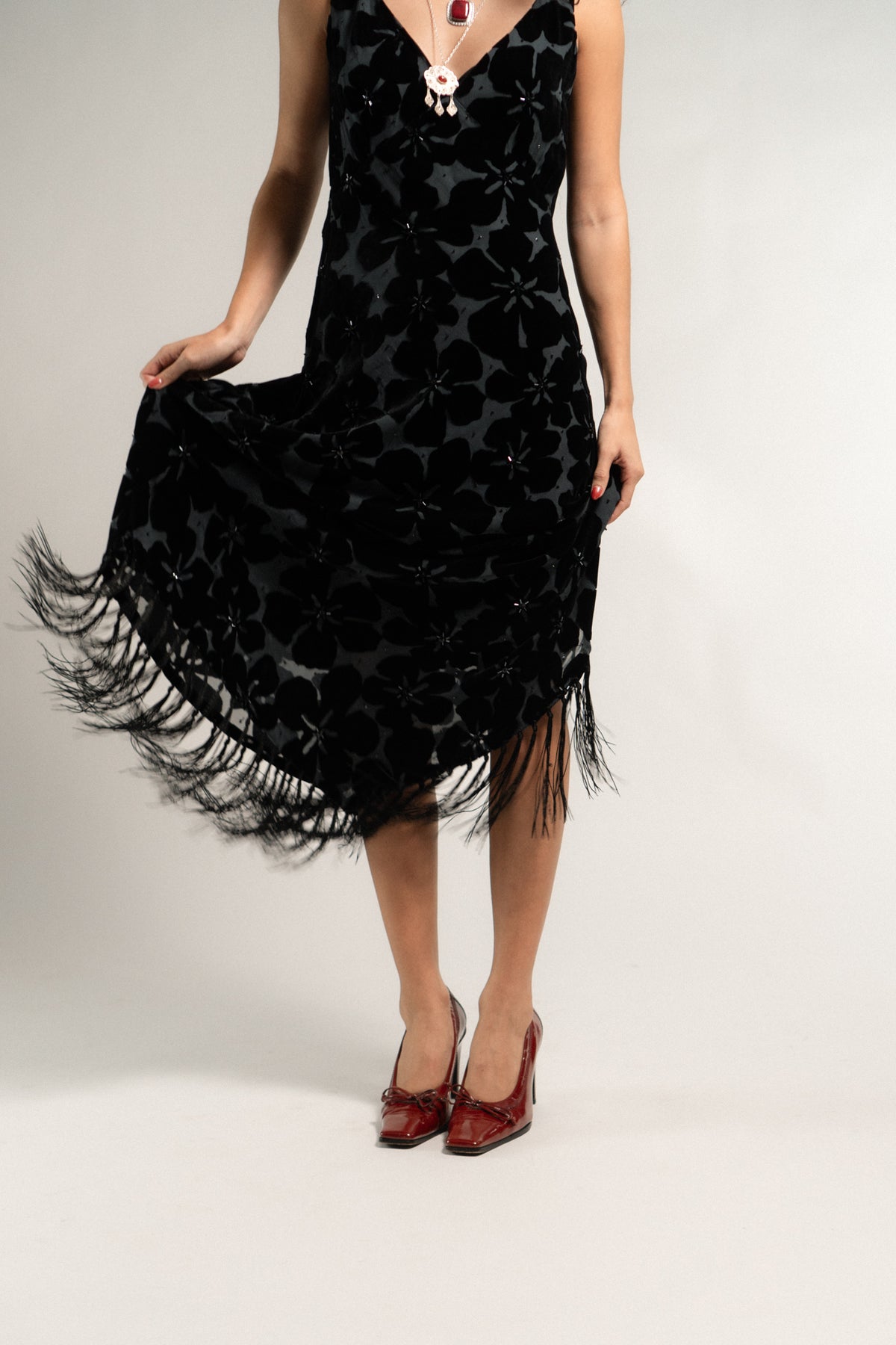 Vintage Silk Blend Velvet Fringe Dress