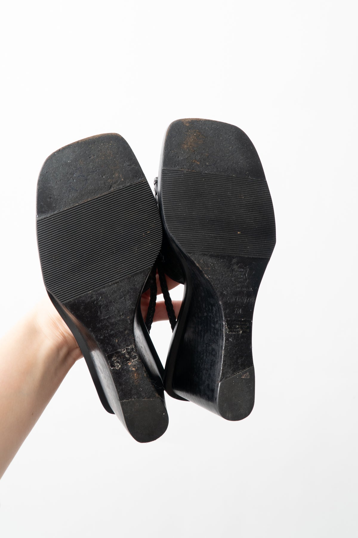 Vintage Woven Leather Wood Wedges, Size 7