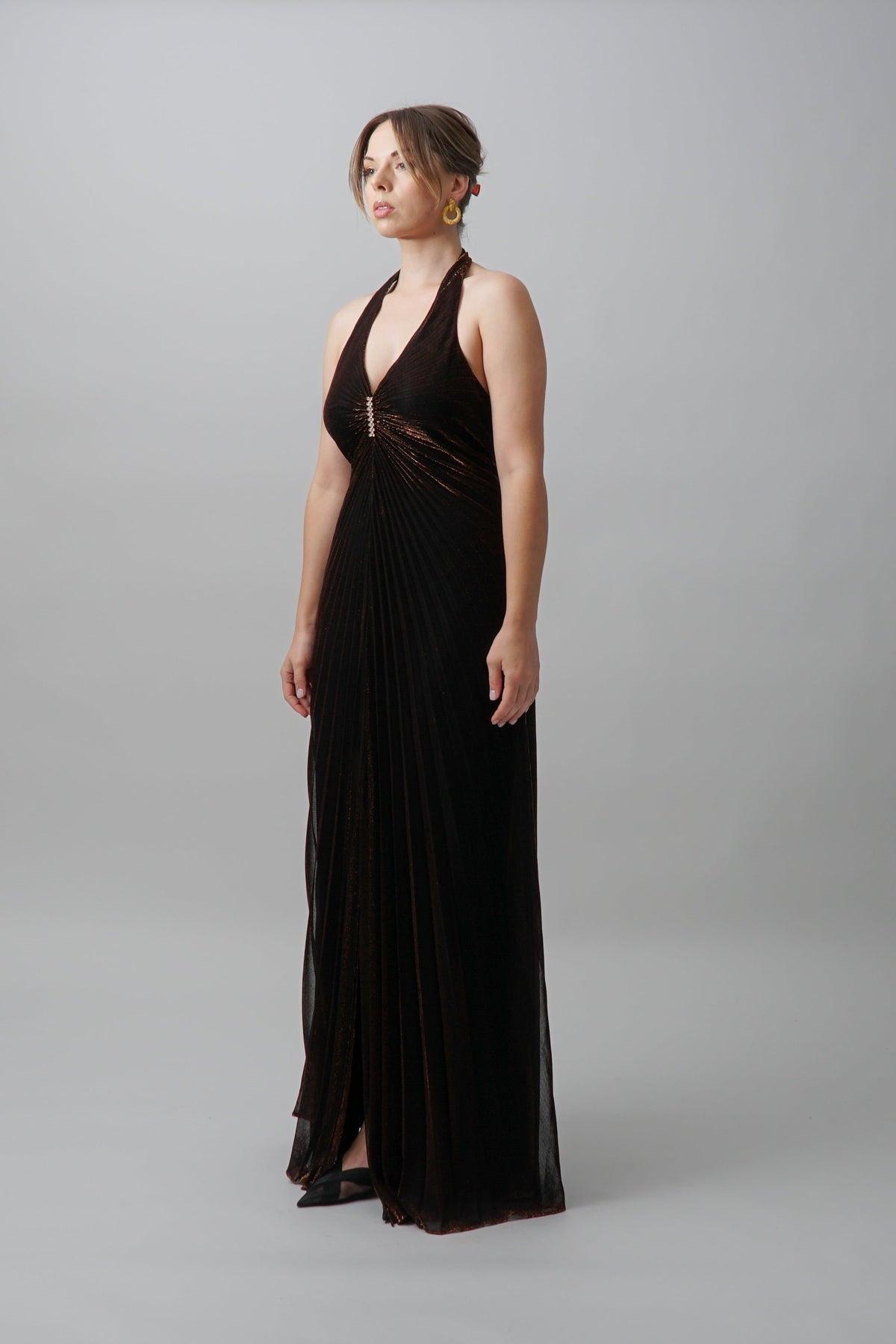 Vintage 90s Metallic Pleated Halter Gown