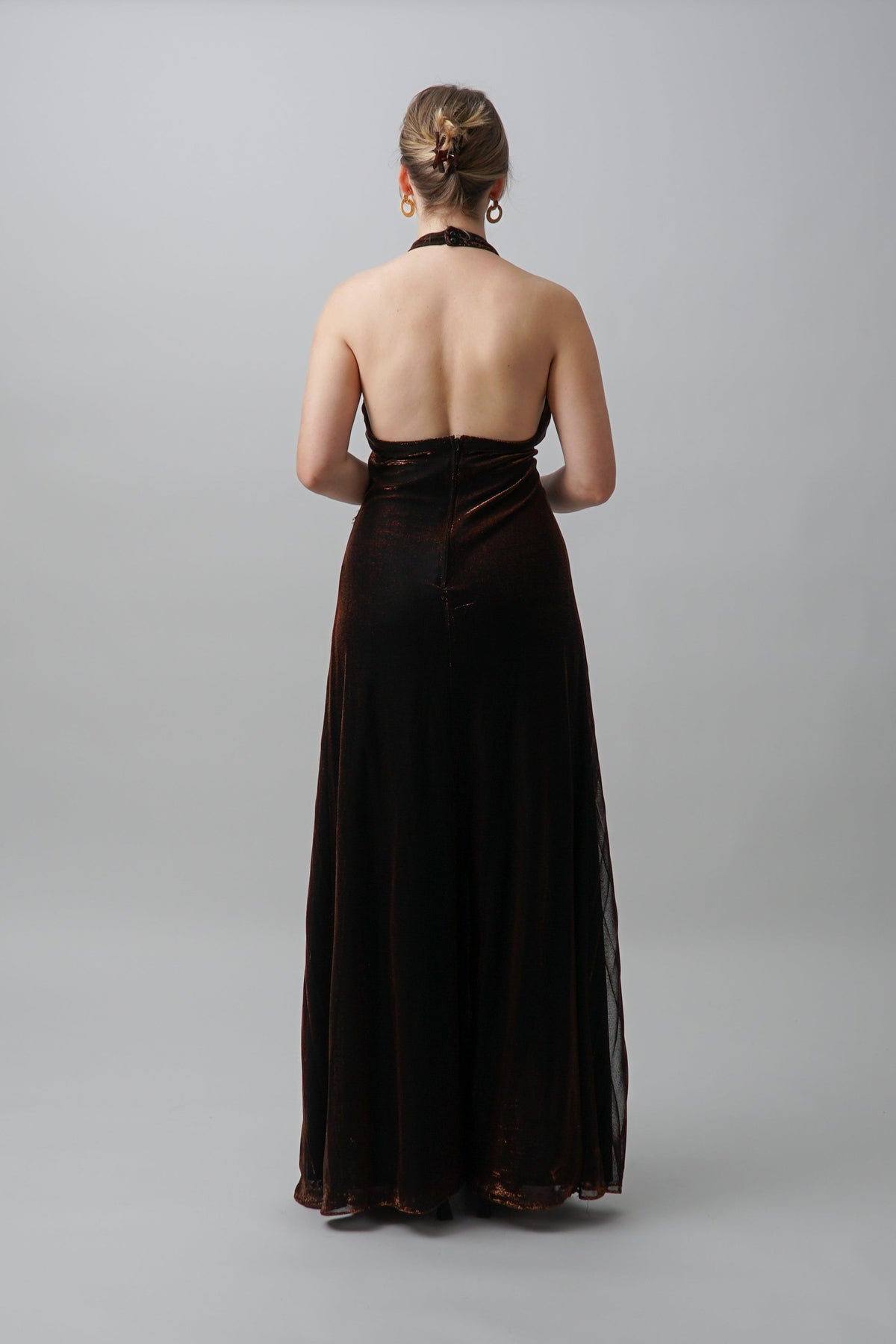 Vintage 90s Metallic Pleated Halter Gown