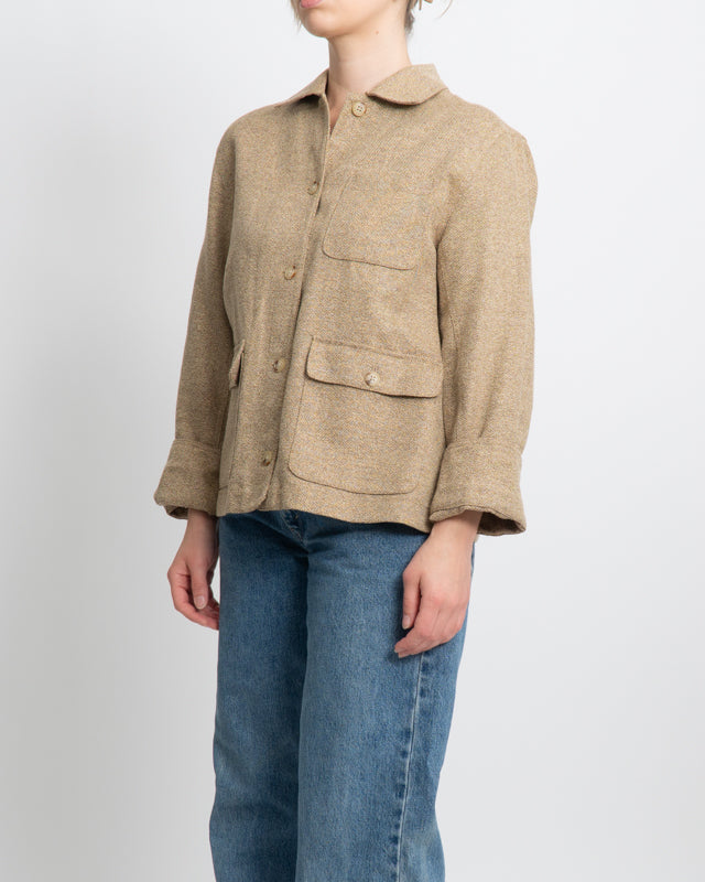 Vintage 90s RALPH LAUREN Tan Tweed Button Up Silk & Linen Blend Top