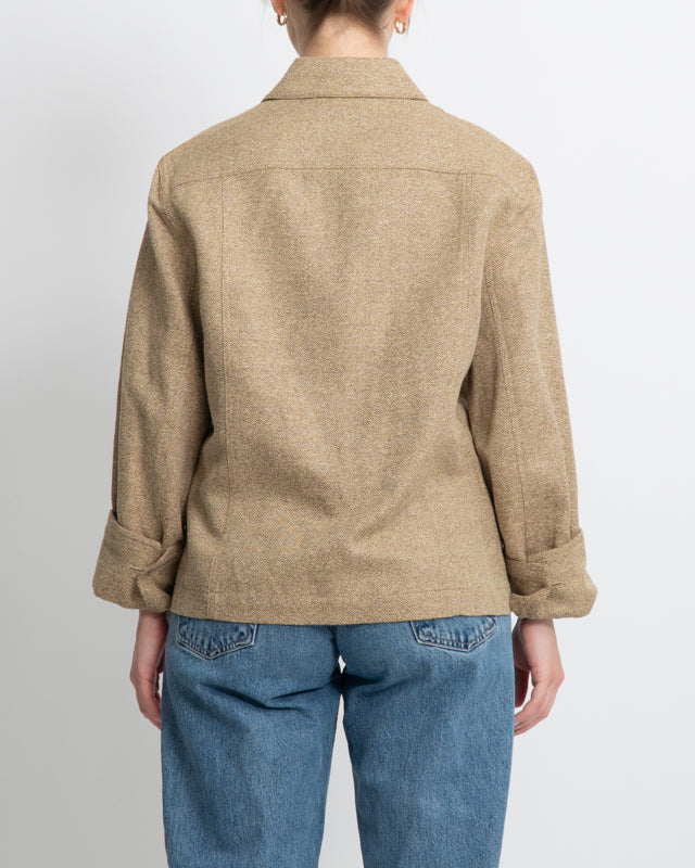 Vintage 90s RALPH LAUREN Tan Tweed Button Up Silk & Linen Blend Top