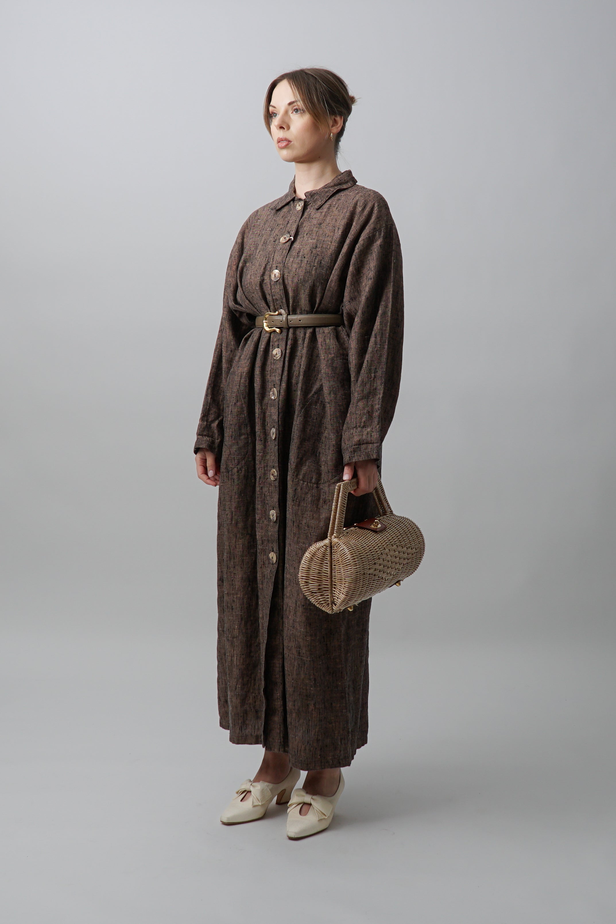 Vintage Brown 100% Linen Maxi Shirt Dress