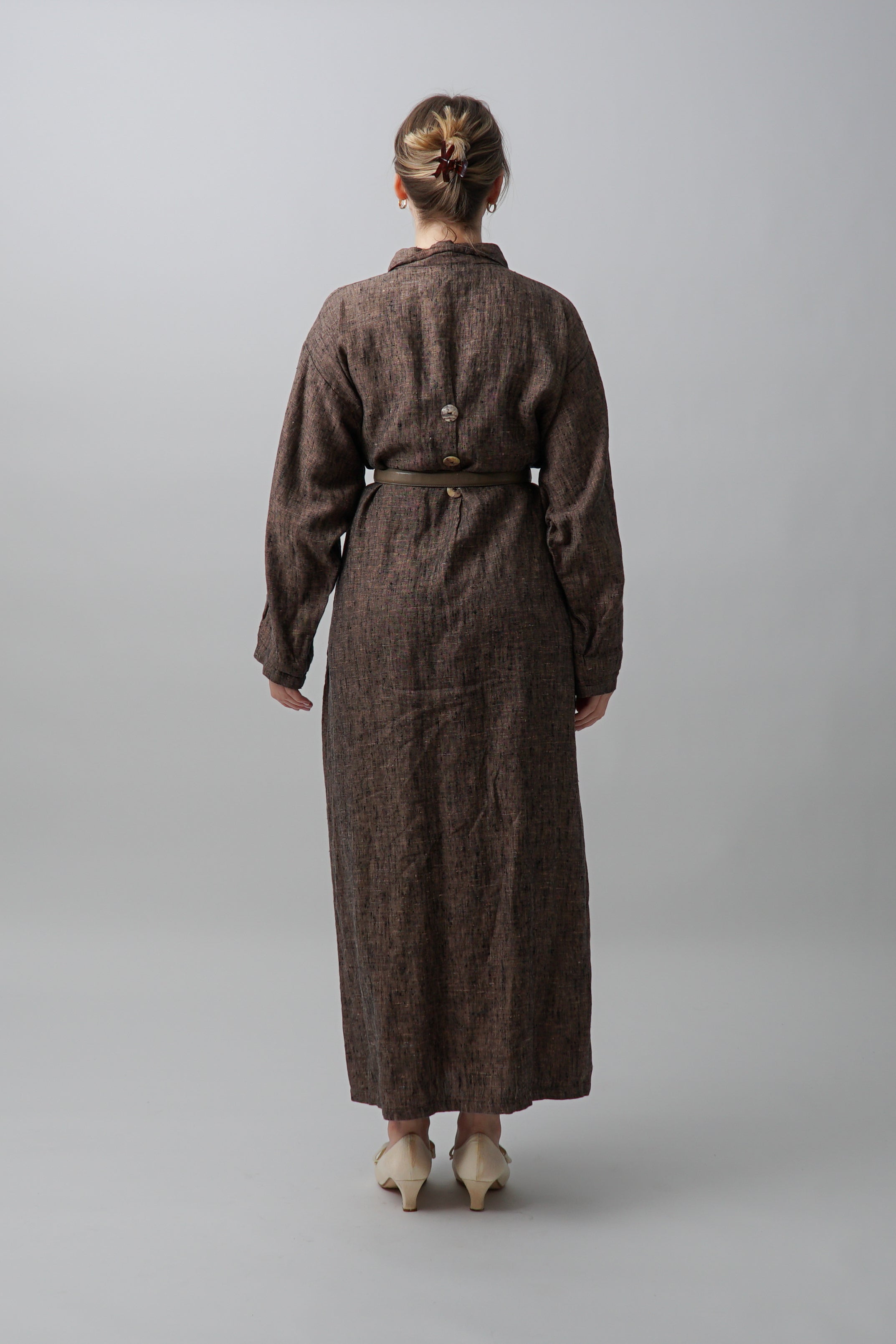 Vintage Brown 100% Linen Maxi Shirt Dress
